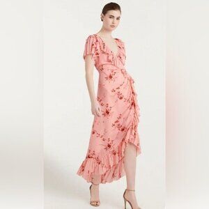 Cinq A Sept Fleur Sheila Ruffle Wrap Midi Dress In Pale Rose Multi Size 6